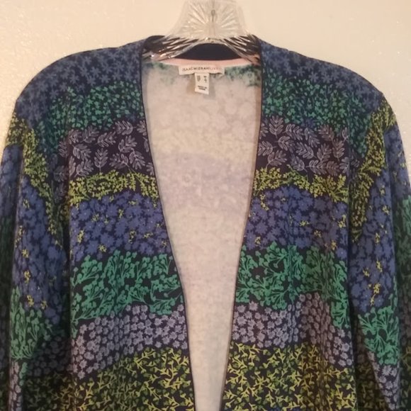 Isaac Mizrahi Live women's size M blue multicolored print open cardigan sweater - Picture 2 of 13